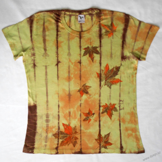 Zeleno-oranž.-hnědé batik. dámské triko s listy XXL